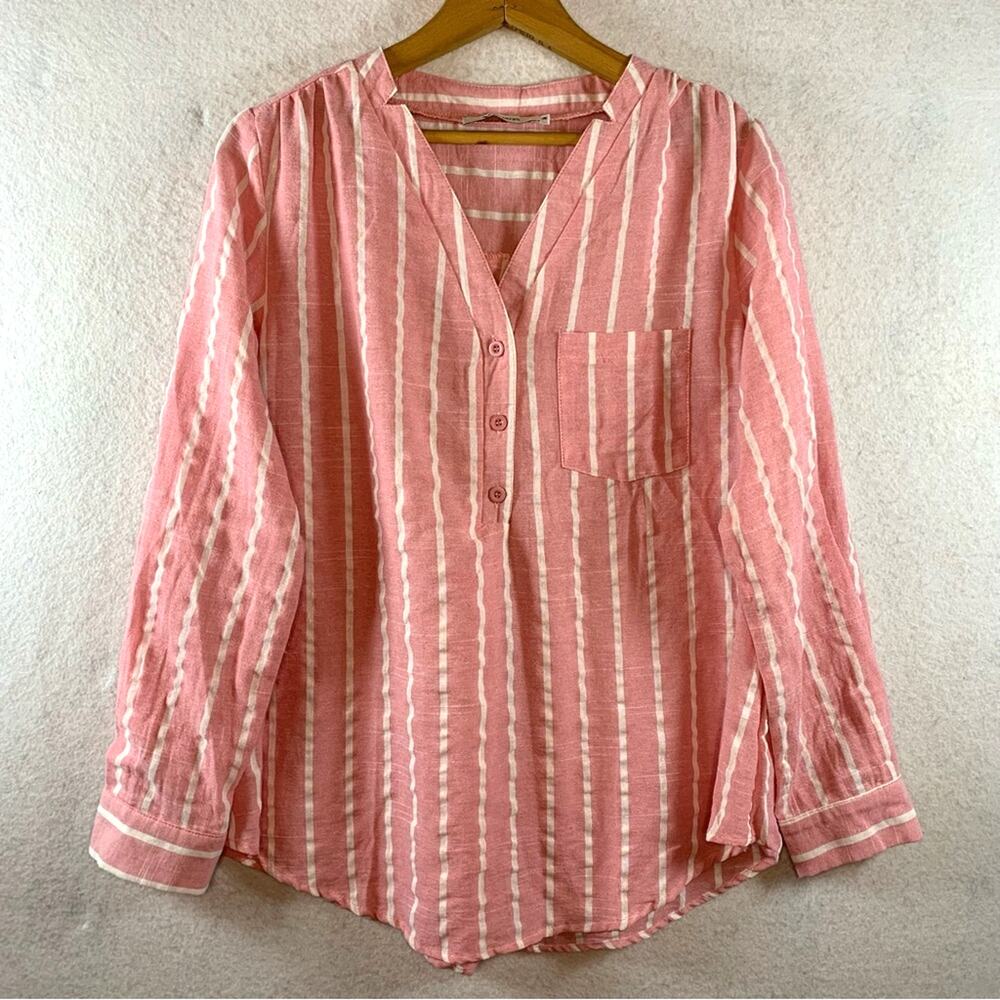 Yidarton‎ Womens Cotton Flax Top Sz M Pink White Stripped Preppy Beachy Coastal